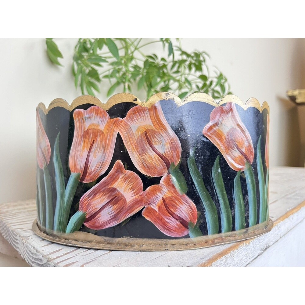Vintage Hand Painted Tulips Floral Metal Cachepot Scallop Cut Design Home Decor